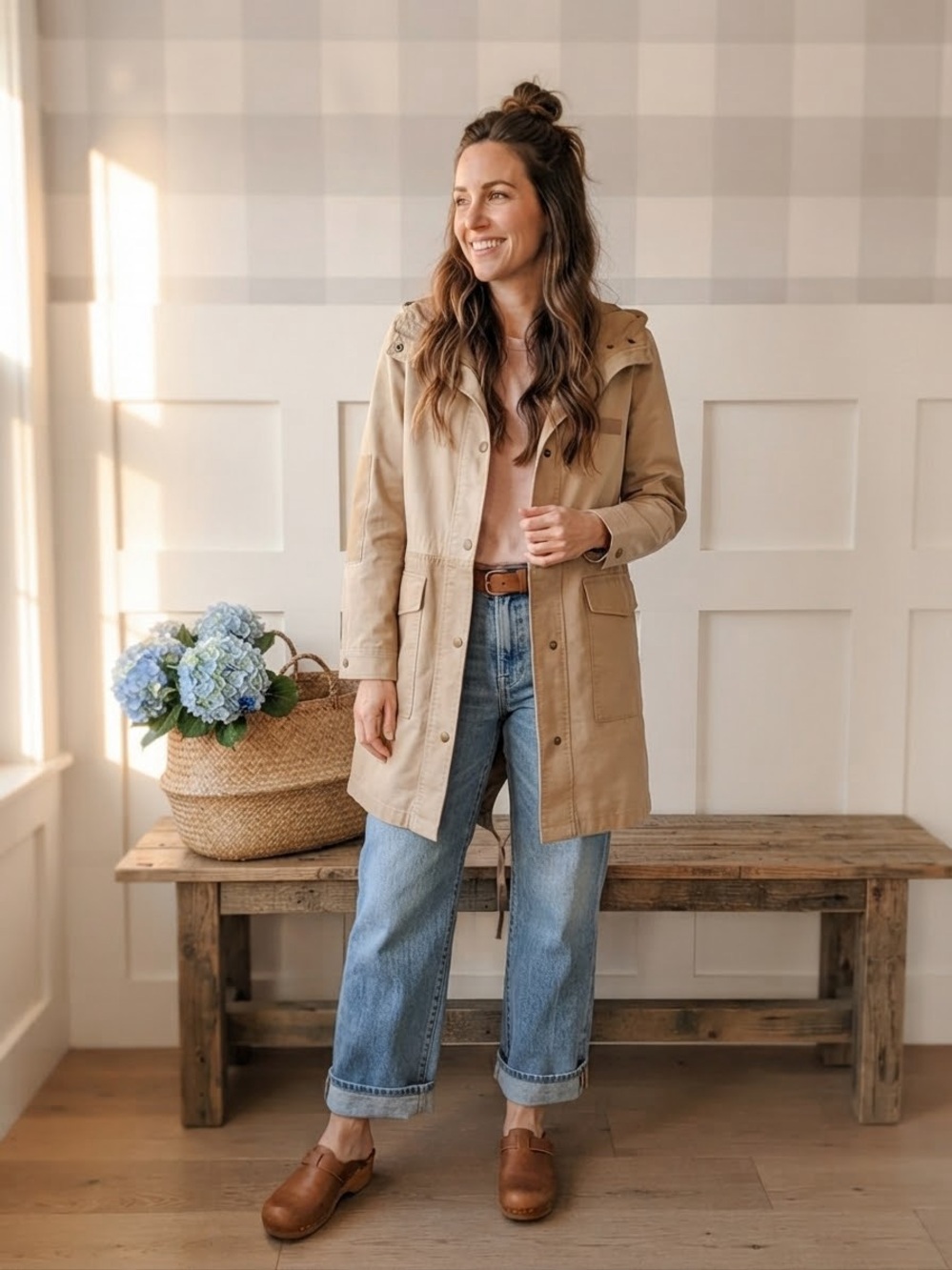 Tan Hooded Satin Quilted Removable Lined Utility Jacket